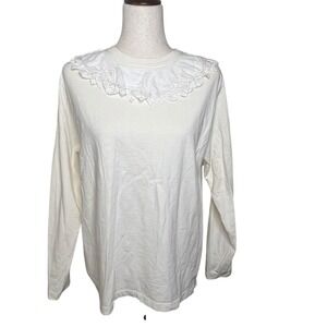 Vtg 80s 90s Long Sleeve Top Off-White Cotton Lace‎ Collar Prairie Cottage Sz Med